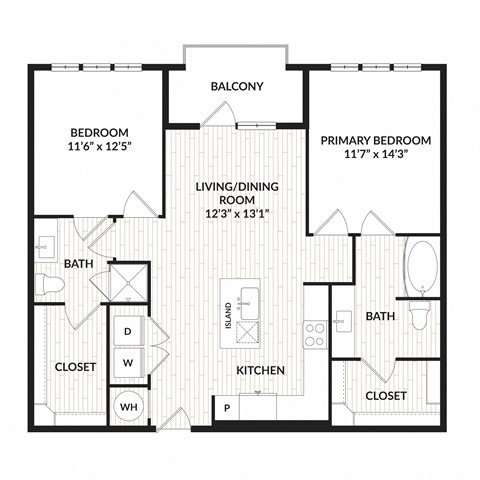 Floor plan for 2 beds, 2 baths, 1070 sqft